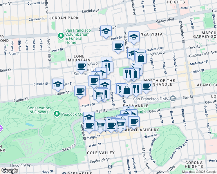 map of restaurants, bars, coffee shops, grocery stores, and more near 1996 Grove Street in San Francisco
