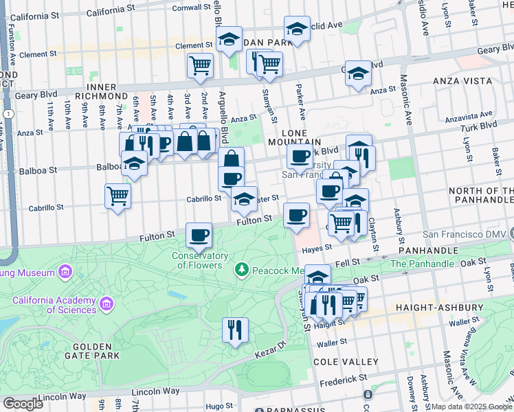 map of restaurants, bars, coffee shops, grocery stores, and more near 2424 Fulton Street in San Francisco