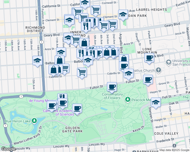 map of restaurants, bars, coffee shops, grocery stores, and more near 765 5th Avenue in San Francisco