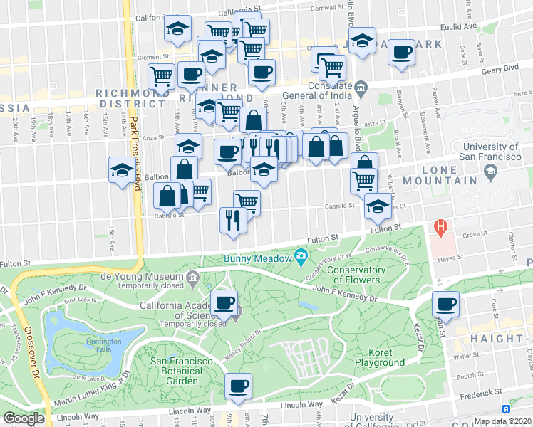 map of restaurants, bars, coffee shops, grocery stores, and more near 746 7th Avenue in San Francisco