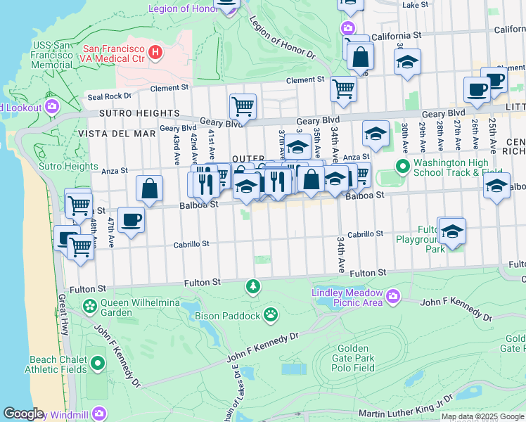 map of restaurants, bars, coffee shops, grocery stores, and more near 758 39th Avenue in San Francisco