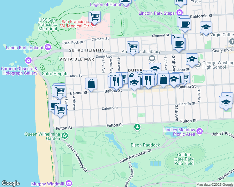 map of restaurants, bars, coffee shops, grocery stores, and more near 759 41st Avenue in San Francisco