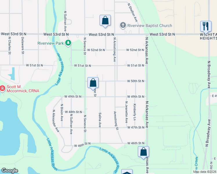 map of restaurants, bars, coffee shops, grocery stores, and more near 5001 Armstrong Street in Wichita