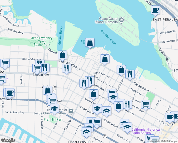 map of restaurants, bars, coffee shops, grocery stores, and more near 1807 Hibbard Street in Alameda