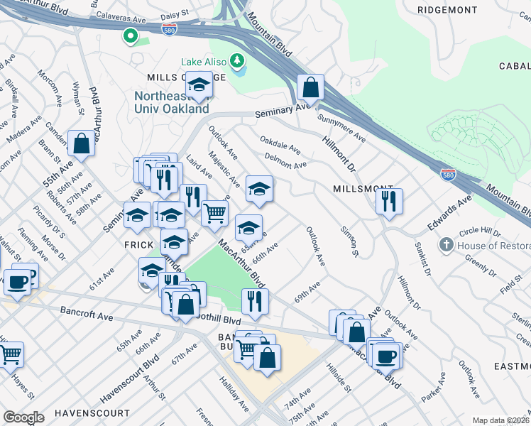 map of restaurants, bars, coffee shops, grocery stores, and more near 3534 65th Avenue in Oakland