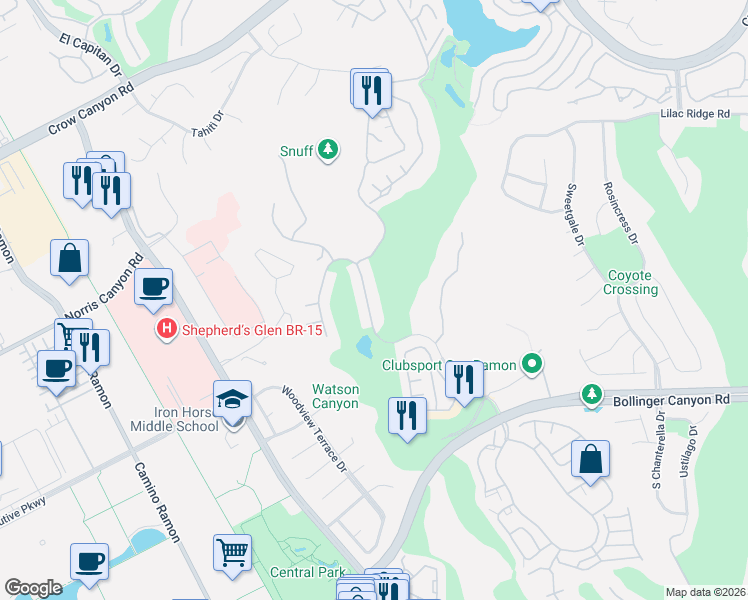 map of restaurants, bars, coffee shops, grocery stores, and more near 2015 Canyon Lakes Drive in San Ramon