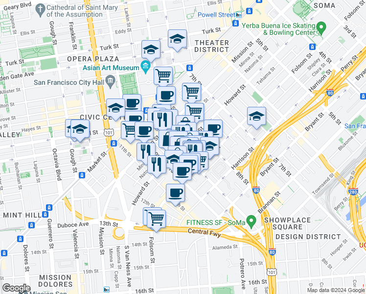 map of restaurants, bars, coffee shops, grocery stores, and more near 1325 Howard Street in San Francisco