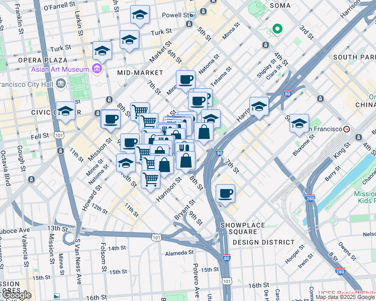 map of restaurants, bars, coffee shops, grocery stores, and more near 355 8th Street in San Francisco