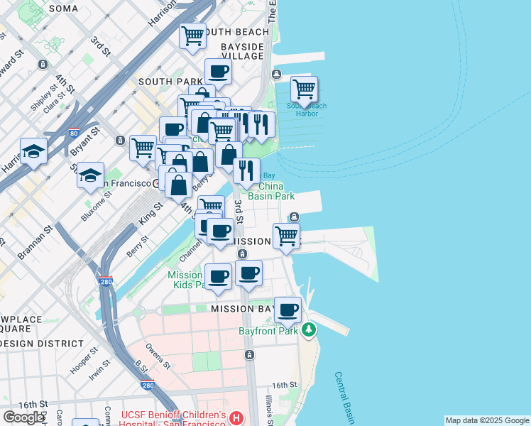 map of restaurants, bars, coffee shops, grocery stores, and more near 429 Terry A Francois Boulevard in San Francisco