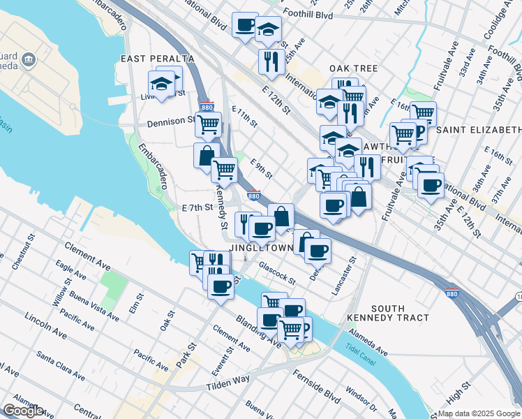 map of restaurants, bars, coffee shops, grocery stores, and more near 2754 East 7th Street in Oakland