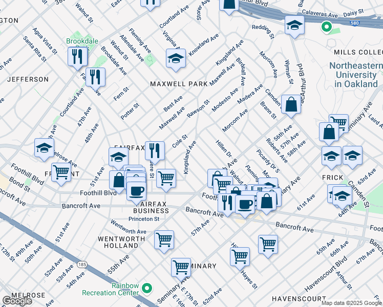 map of restaurants, bars, coffee shops, grocery stores, and more near 5362 Brookdale Avenue in Oakland