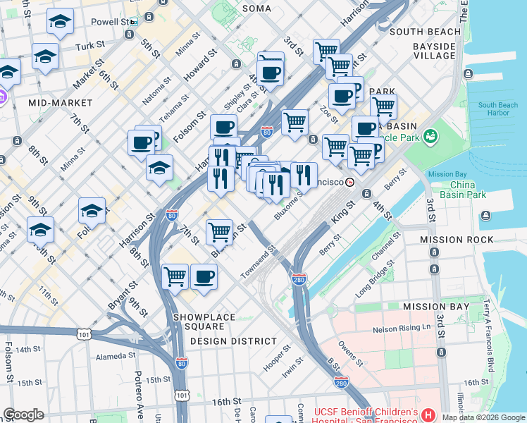 map of restaurants, bars, coffee shops, grocery stores, and more near 673 Brannan Street in San Francisco