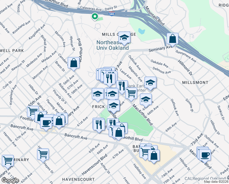 map of restaurants, bars, coffee shops, grocery stores, and more near 6016 MacArthur Boulevard in Oakland