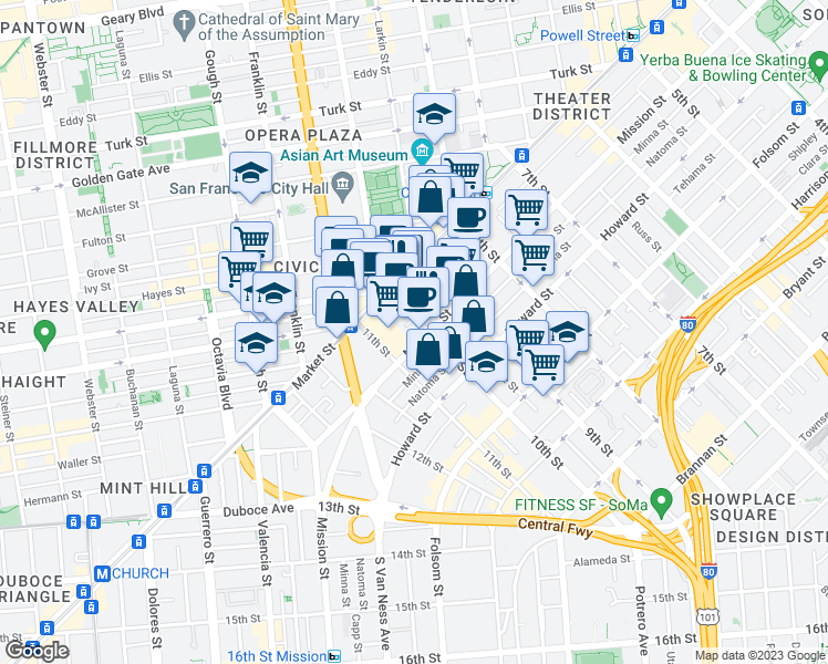map of restaurants, bars, coffee shops, grocery stores, and more near 1 10th Street in San Francisco