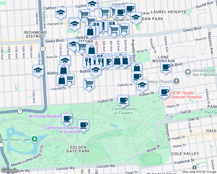 map of restaurants, bars, coffee shops, grocery stores, and more near 700 5th Avenue in San Francisco