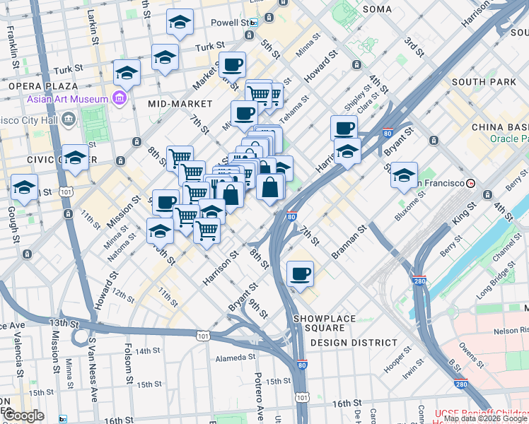 map of restaurants, bars, coffee shops, grocery stores, and more near 336 7th Street in San Francisco