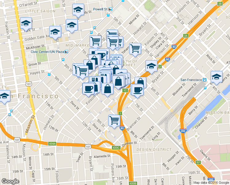 map of restaurants, bars, coffee shops, grocery stores, and more near 336 7th Street in San Francisco