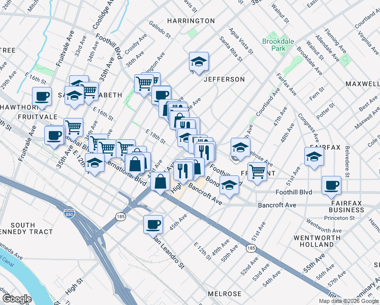 map of restaurants, bars, coffee shops, grocery stores, and more near 1914 42nd Avenue in Oakland