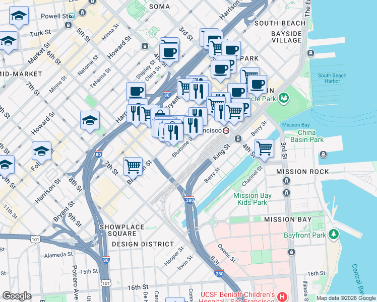 map of restaurants, bars, coffee shops, grocery stores, and more near 410 Townsend Street in San Francisco