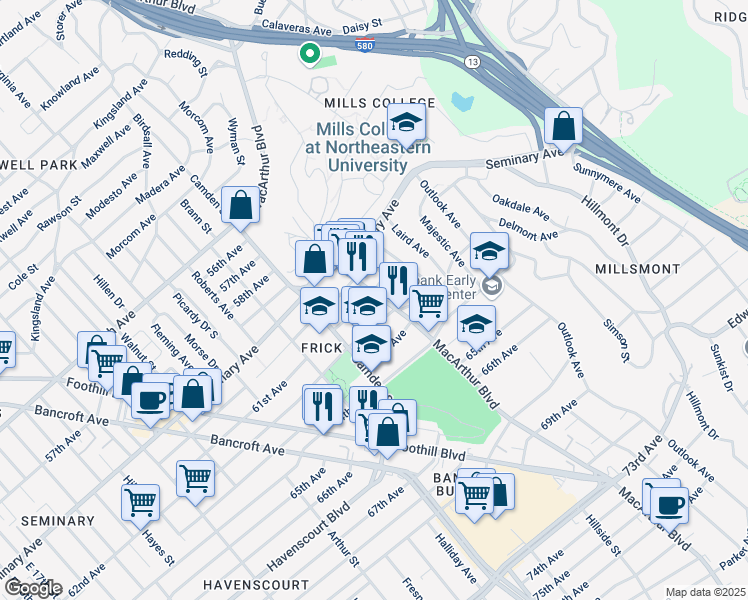map of restaurants, bars, coffee shops, grocery stores, and more near 6016 MacArthur Boulevard in Oakland