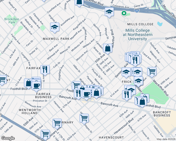 map of restaurants, bars, coffee shops, grocery stores, and more near 2841 55th Avenue in Oakland
