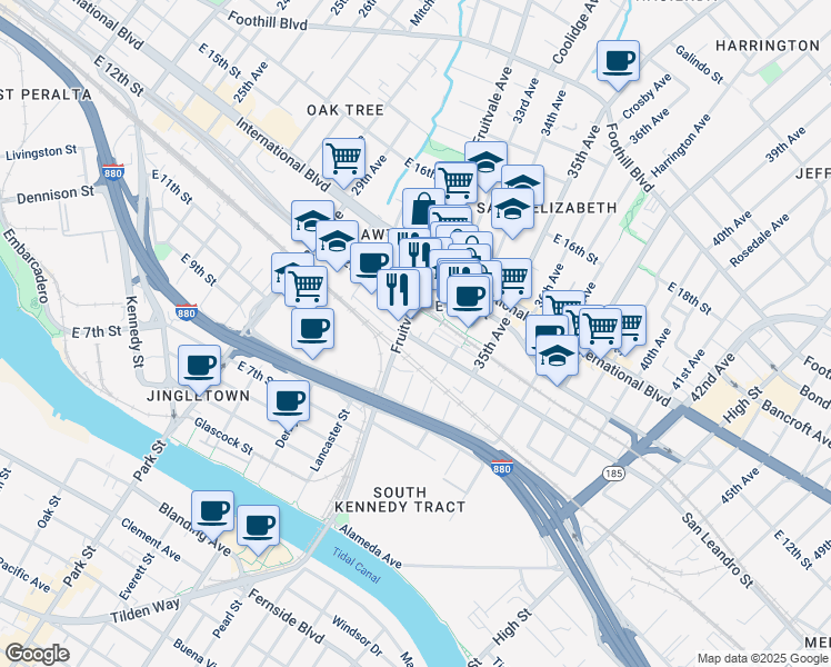 map of restaurants, bars, coffee shops, grocery stores, and more near 3401 East 12th Street in Oakland