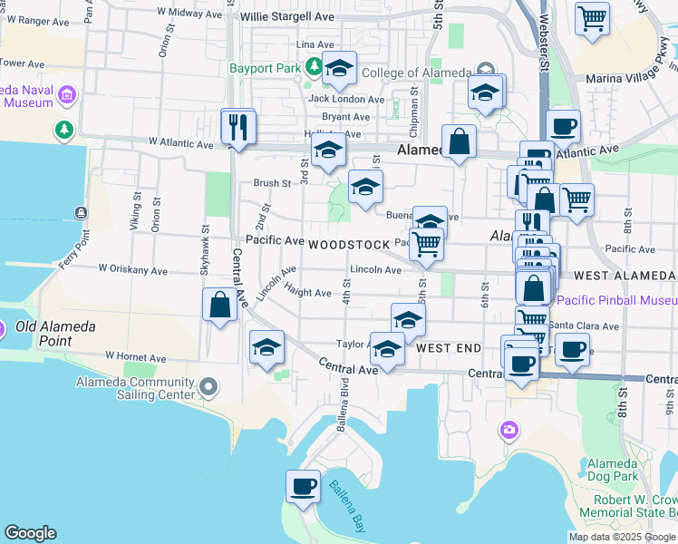 map of restaurants, bars, coffee shops, grocery stores, and more near in Alameda