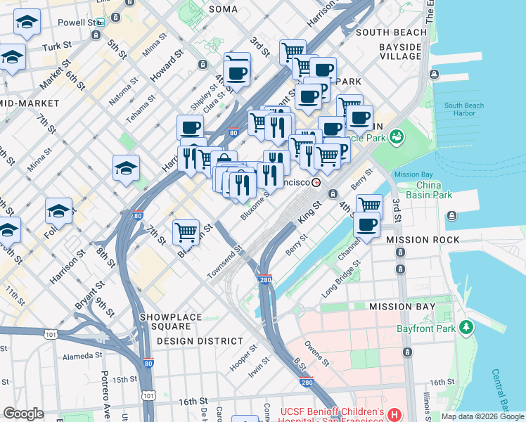 map of restaurants, bars, coffee shops, grocery stores, and more near 311 Townsend Street in San Francisco