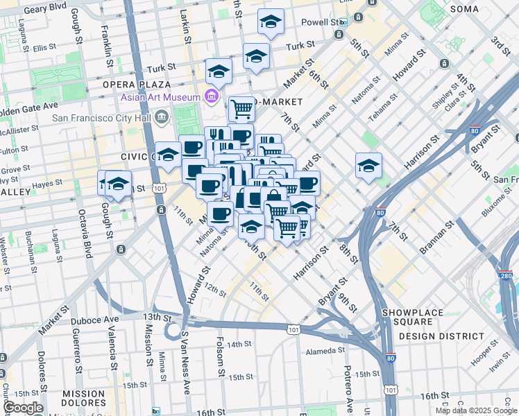 map of restaurants, bars, coffee shops, grocery stores, and more near 765 Minna Street in San Francisco