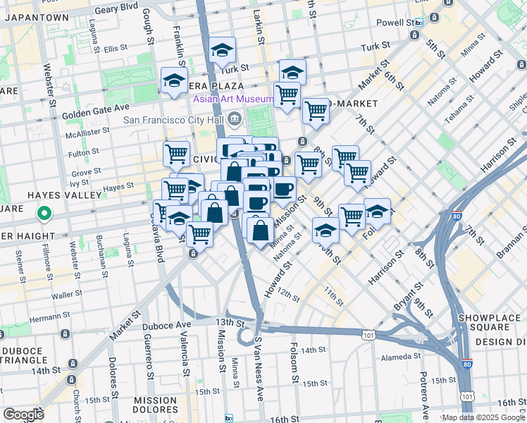 map of restaurants, bars, coffee shops, grocery stores, and more near 9 Fell Street in San Francisco