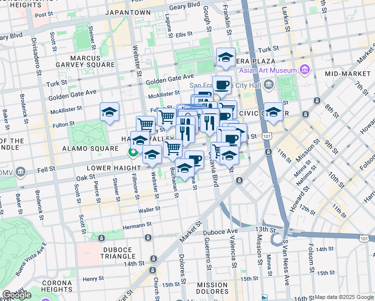map of restaurants, bars, coffee shops, grocery stores, and more near 542 Laguna Street in San Francisco