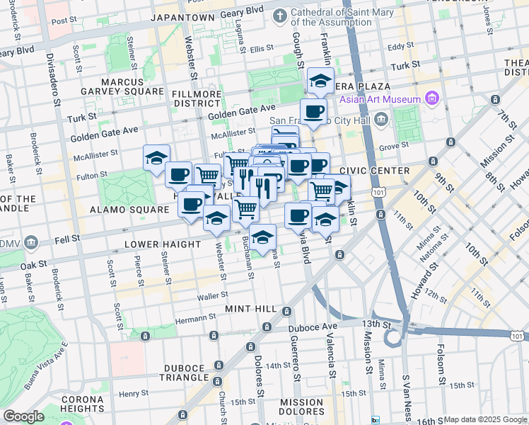 map of restaurants, bars, coffee shops, grocery stores, and more near 542 Linden Street in San Francisco