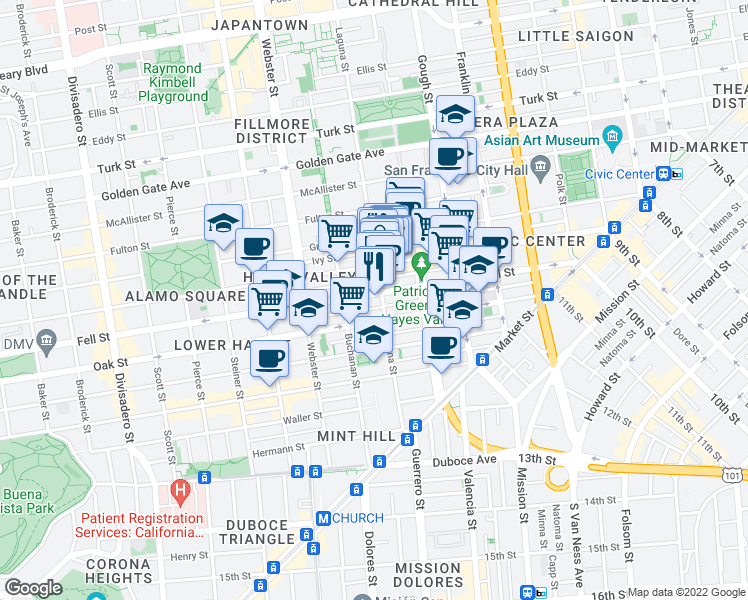 map of restaurants, bars, coffee shops, grocery stores, and more near 542 Linden Street in San Francisco
