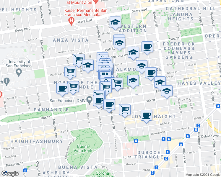 map of restaurants, bars, coffee shops, grocery stores, and more near 1280 Grove Street in San Francisco