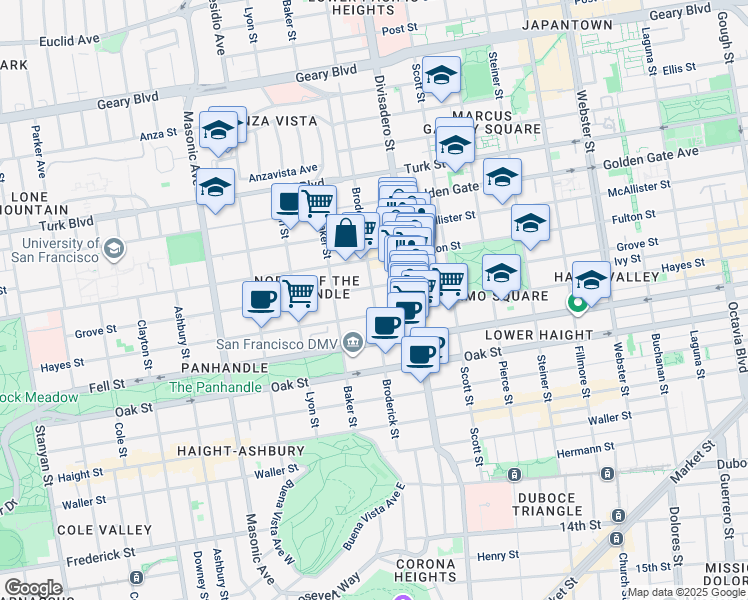 map of restaurants, bars, coffee shops, grocery stores, and more near 1335 Fulton Street in San Francisco