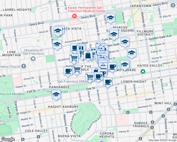 map of restaurants, bars, coffee shops, grocery stores, and more near 1442 Grove Street in San Francisco