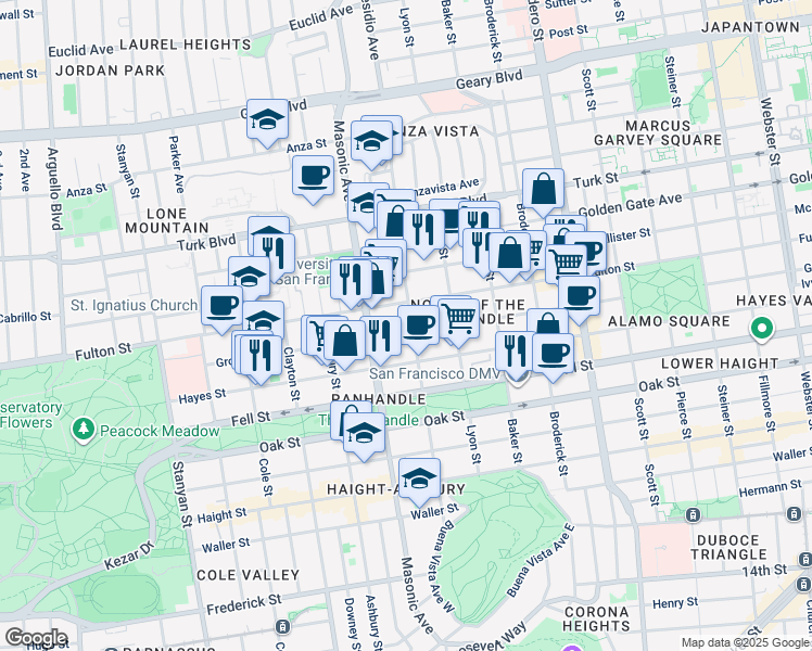 map of restaurants, bars, coffee shops, grocery stores, and more near 1706 Fulton Street in San Francisco
