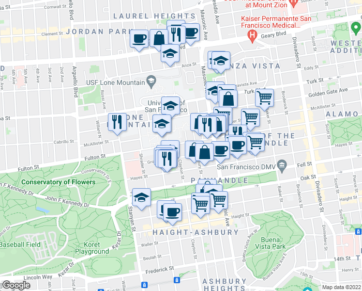 map of restaurants, bars, coffee shops, grocery stores, and more near 25 Loyola Terrace in San Francisco
