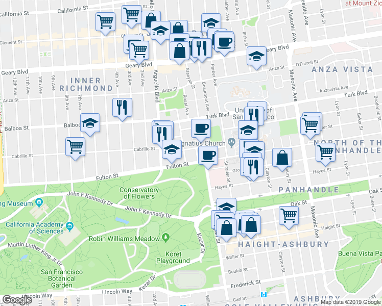 map of restaurants, bars, coffee shops, grocery stores, and more near 33 Paramount Terrace in San Francisco