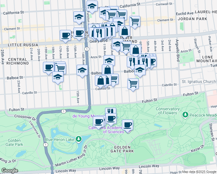 map of restaurants, bars, coffee shops, grocery stores, and more near 654 11th Avenue in San Francisco