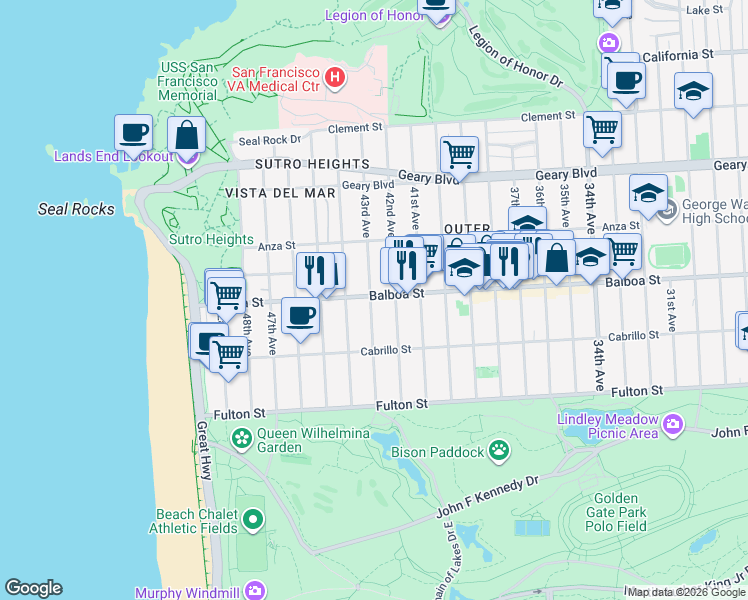 map of restaurants, bars, coffee shops, grocery stores, and more near 670 43rd Avenue in San Francisco