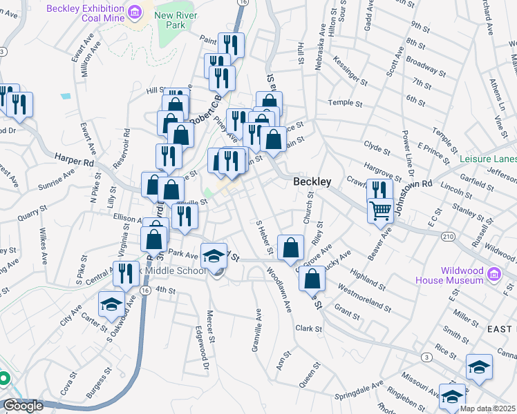 map of restaurants, bars, coffee shops, grocery stores, and more near 215 S Heber St in Beckley
