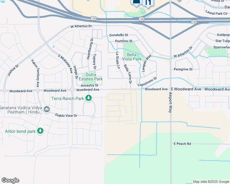 map of restaurants, bars, coffee shops, grocery stores, and more near 2437 Emma Drive in Manteca