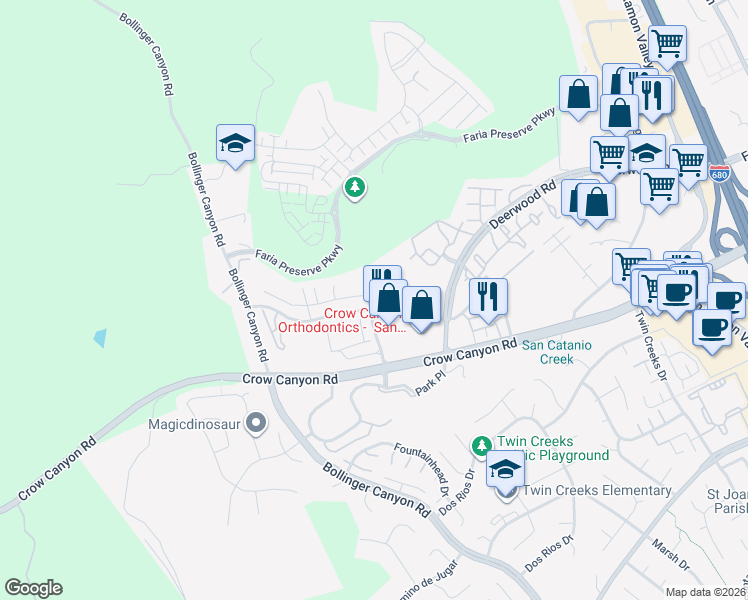 map of restaurants, bars, coffee shops, grocery stores, and more near 131 Woodcrest Drive in San Ramon