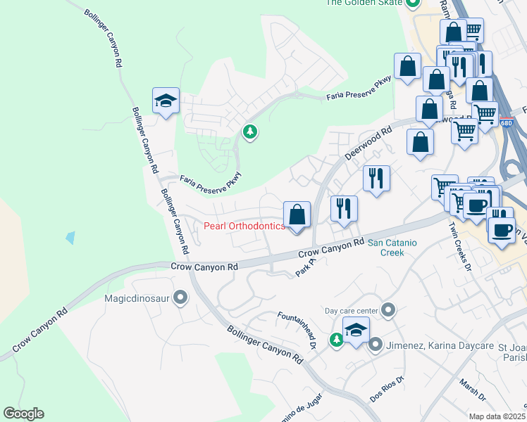 map of restaurants, bars, coffee shops, grocery stores, and more near 131 Woodcrest Drive in San Ramon