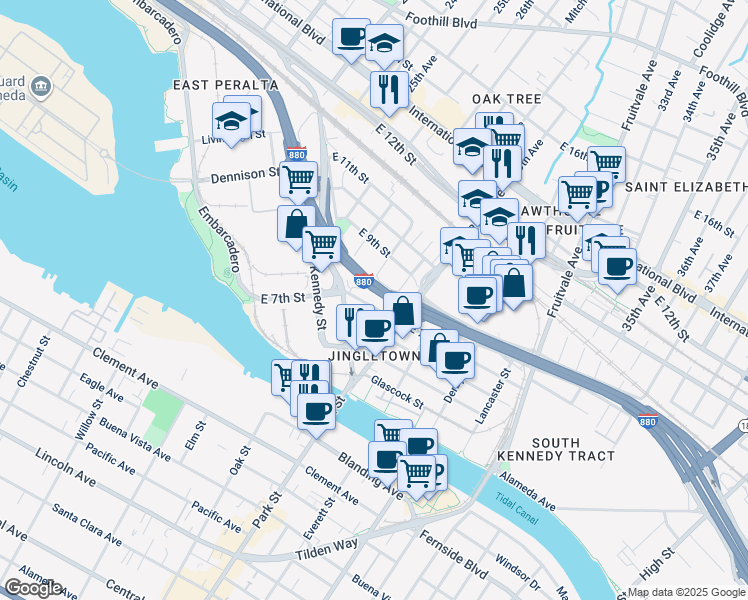 map of restaurants, bars, coffee shops, grocery stores, and more near 2754 East 7th Street in Oakland