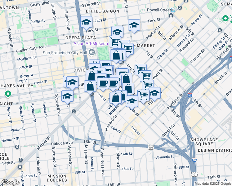 map of restaurants, bars, coffee shops, grocery stores, and more near 1400 Mission Street in San Francisco