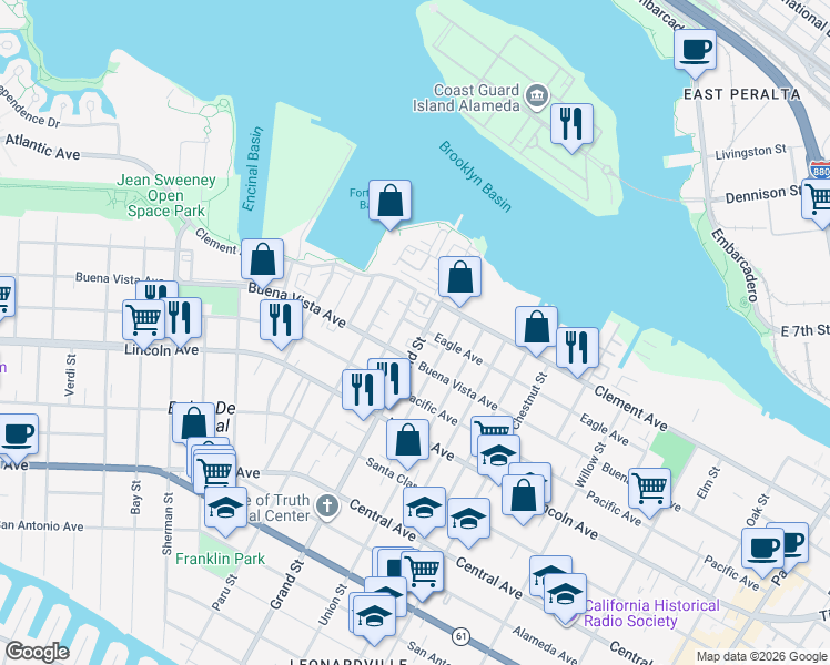 map of restaurants, bars, coffee shops, grocery stores, and more near 1821 Grand Street in Alameda