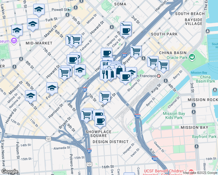 map of restaurants, bars, coffee shops, grocery stores, and more near 150 Morris Street in San Francisco