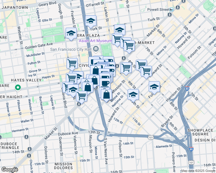 map of restaurants, bars, coffee shops, grocery stores, and more near 1455 Market Street in San Francisco